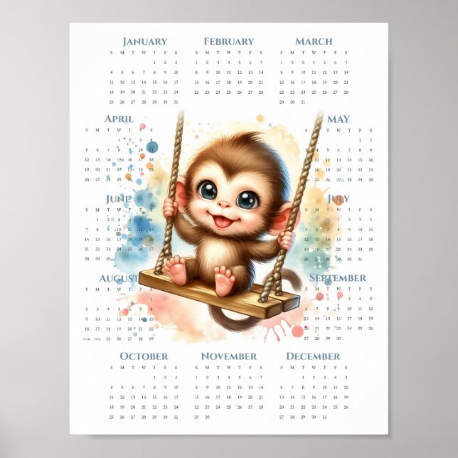 Póster Calendario de 1 página de 2026 Mono lindo en colum (Frente)