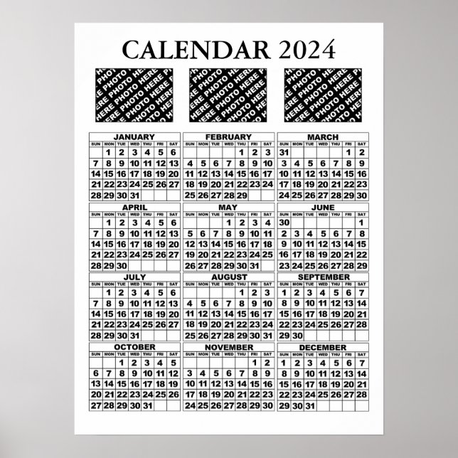 Póster Calendario de 2024 Añadir 3 fotos Poster blanco 18 (Frente)