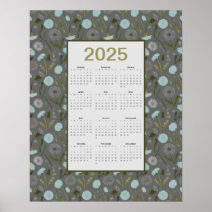 Póster Calendario de 2025 Año completo Dandelion azul gri