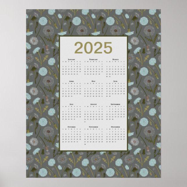 Póster Calendario de 2025 Año completo Dandelion azul gri (Frente)
