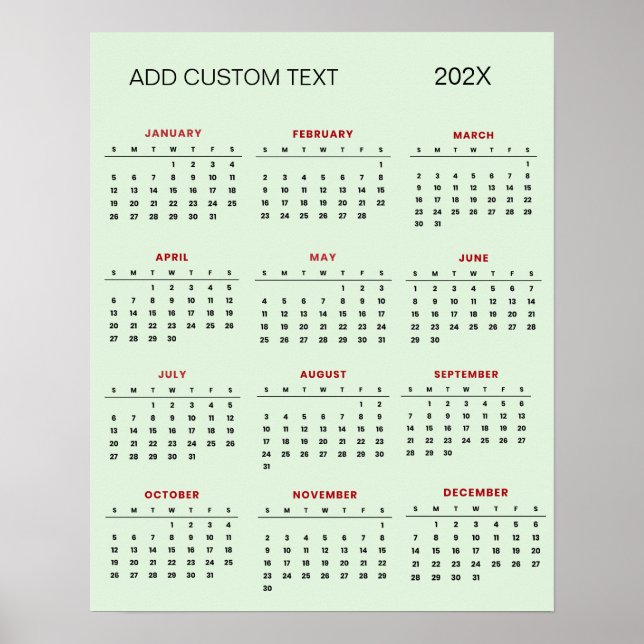 Póster Calendario de 2025 con texto personalizado de moda (Frente)