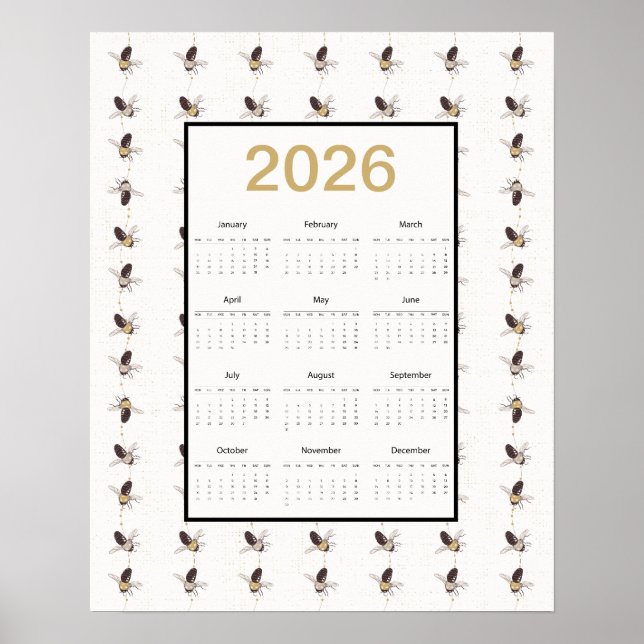 Póster Calendario de Abejas de Todo el Año 2026 (Frente)