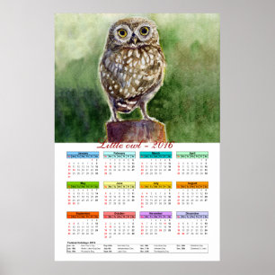 Póster Calendario de acuarela de lechuza pequeña 2016