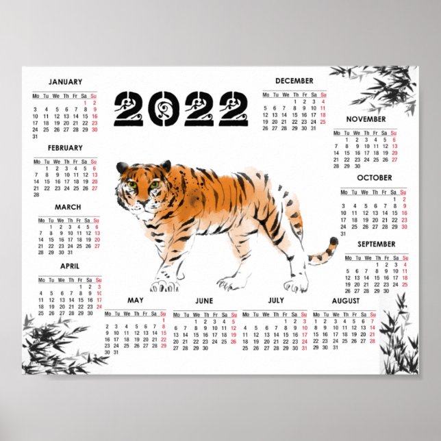 Póster Calendario de acuarela de tigres 2022 (Frente)