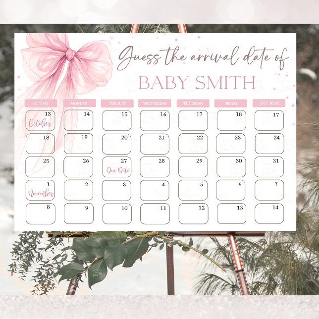 Póster Calendario de Adivina la Fecha de Nacimiento Coque (Chic Bow Pink Coquette baby shower "Guess the Due Date" calendar, featuring delicate pink bows and e)