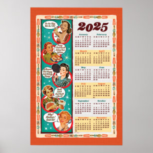 Póster Calendario de Ama de Casa Retro de Mitad de Siglo 