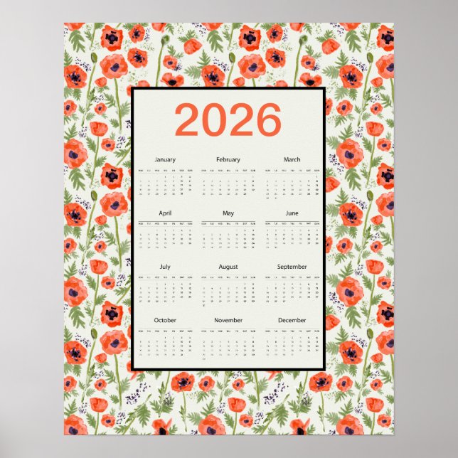Póster Calendario de Amapolas Naranjas 2026 (Frente)