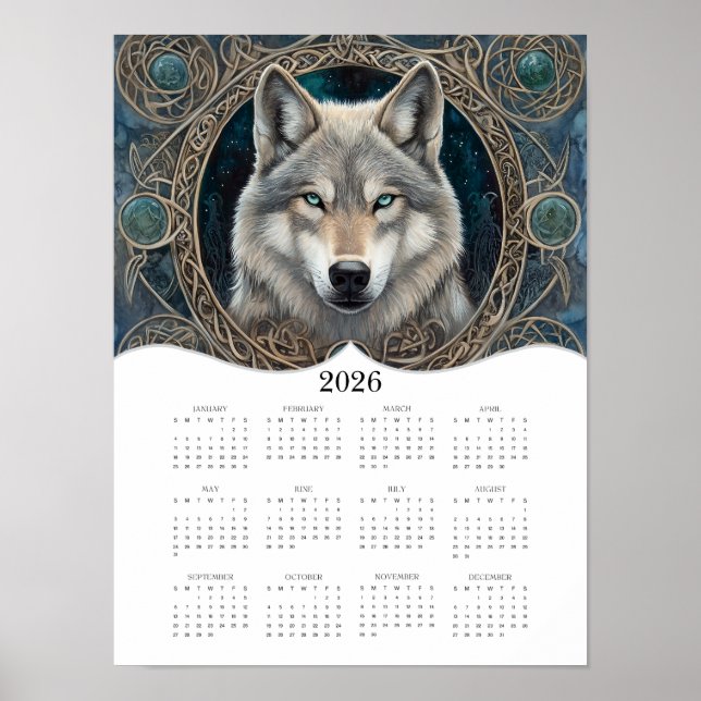 Póster Calendario de Año Completo 2026 del Fantasy Wolf (Frente)