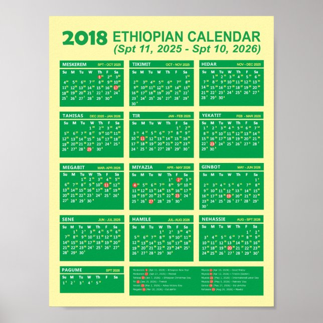 Póster Calendario de Año Nuevo 2025/2026 en Etiopía (Frente)