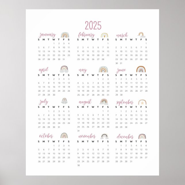 Póster Calendario de arcos de lluvia simple 2025 (Frente)