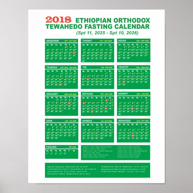 Póster Calendario de ayuno ortodoxo etíope 2018 (Frente)