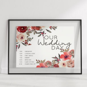 Póster Calendario de Bodas de Rosas florales de Rubor Roj
