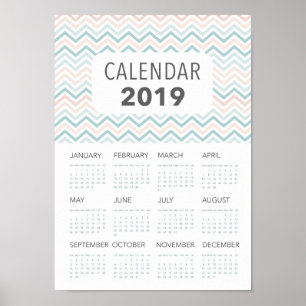 Póster Calendario de chevron rosa y azul de 2019