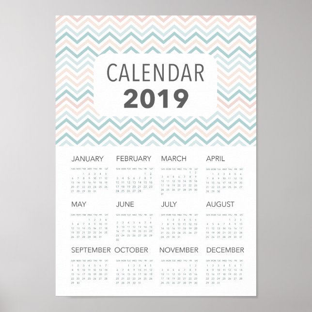 Póster Calendario de chevron rosa y azul de 2019 (Frente)