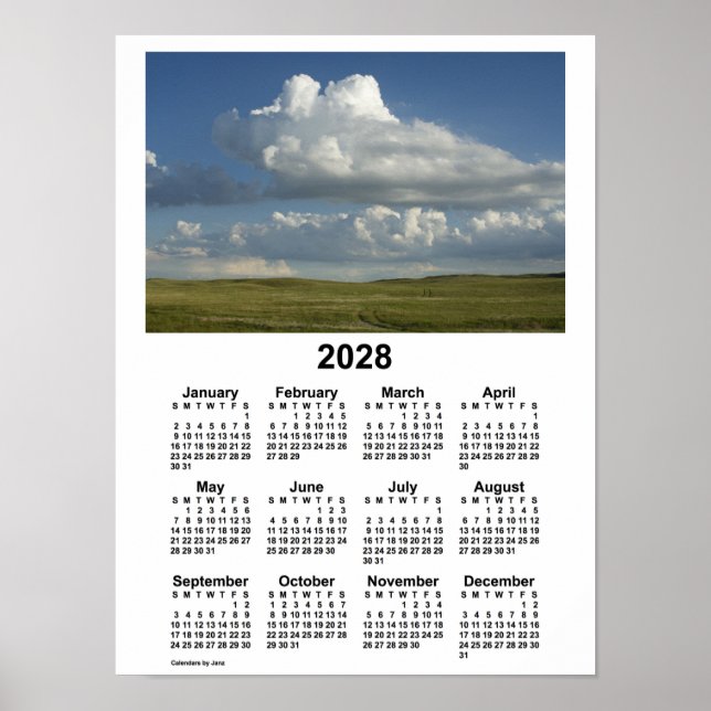 Póster Calendario de colinas de arena de Nebraska 2028, p (Frente)