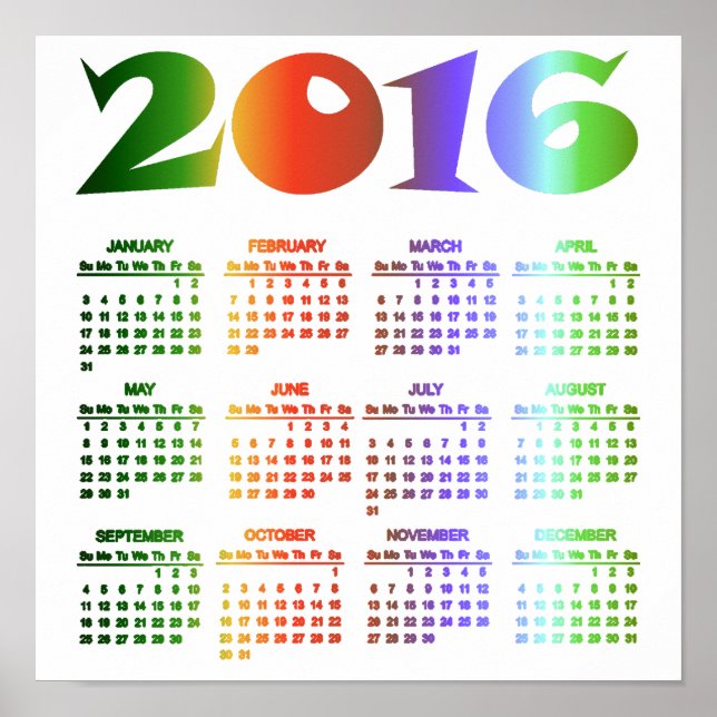 Póster Calendario de colores tropicales 2016 (Frente)