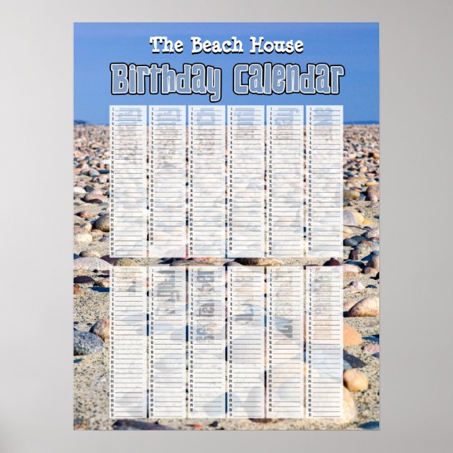 Póster Calendario de cumpleaños personalizado de playa (Frente)
