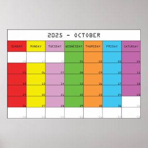 Póster Calendario de días de color de octubre de 2025