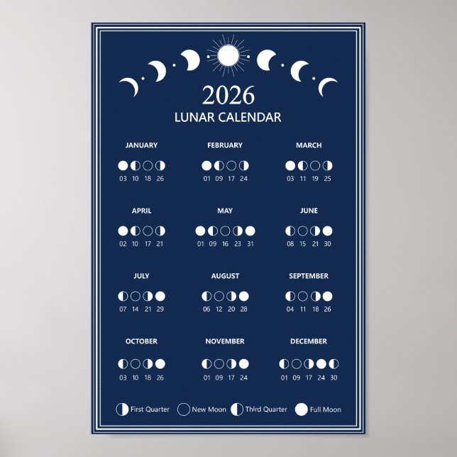 Póster Calendario de Fase Lunar 2026 Ciclos Lunares Minim (Frente)