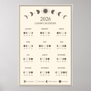 Póster Calendario de Fase Lunar 2026 Ciclos Lunares Minim
