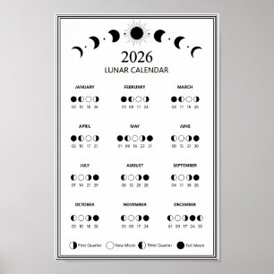 Póster Calendario de Fase Lunar 2026 Ciclos Lunares Minim