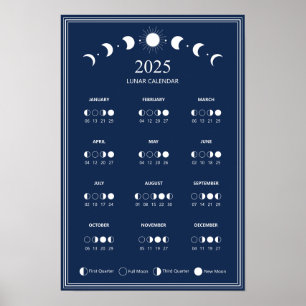 Póster Calendario de Fase Lunar Ciclos Lunares Azul Oscur
