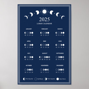 Póster Calendario de Fase Lunar Ciclos Lunares Azul Oscur