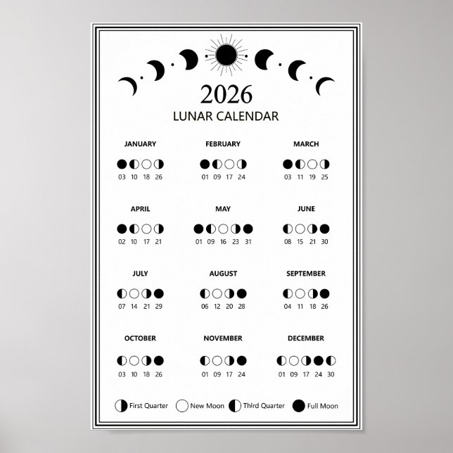 Póster Calendario de Fase Lunar de 2026 Ciclos Lunares Mi (Frente)