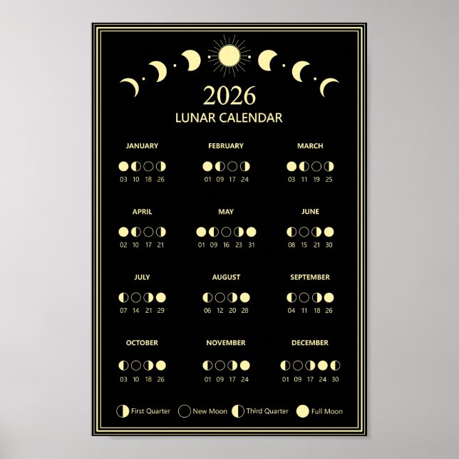 Póster Calendario de fases lunares 2026 Ciclos lunares Mi (Frente)