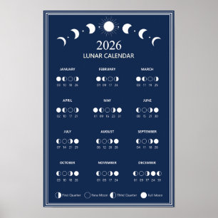 Póster Calendario de fases lunares de 2026 Ciclos lunares