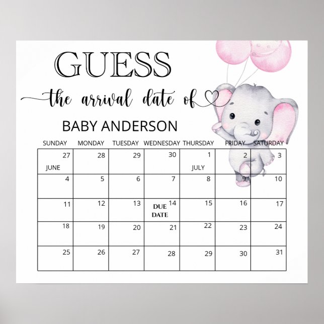 Póster Calendario de Fecha de Parto del Elefante Rosa (Frente)