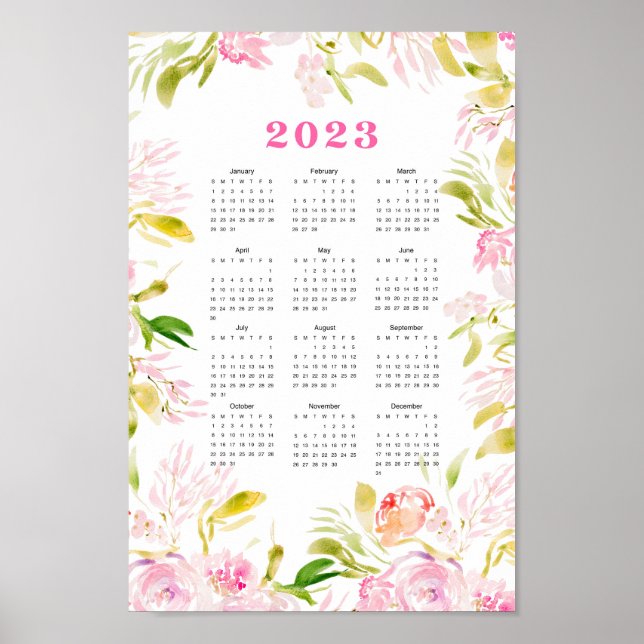 Póster Calendario de flor acuarela 2023 (Frente)