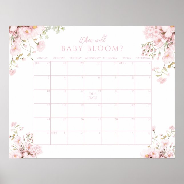 Póster Calendario de Floral Rosa Cuando Florecerá la Bebé (Frente)
