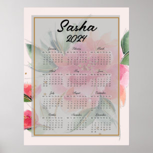 Póster Calendario de flores rosas personalizadas