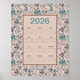 Póster Calendario de Flores Turquesas 2026