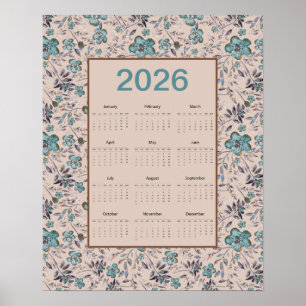 Póster Calendario de Flores Turquesas 2026