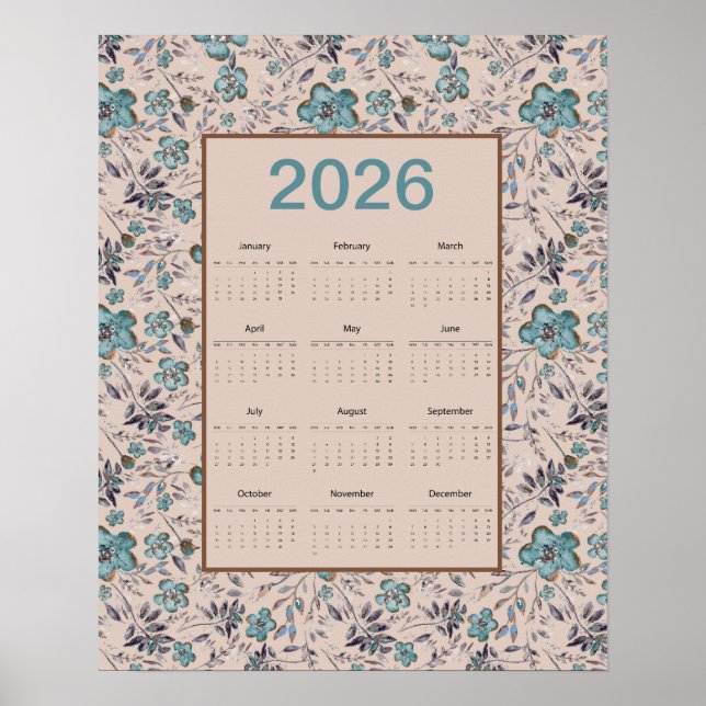 Póster Calendario de Flores Turquesas 2026 (Frente)