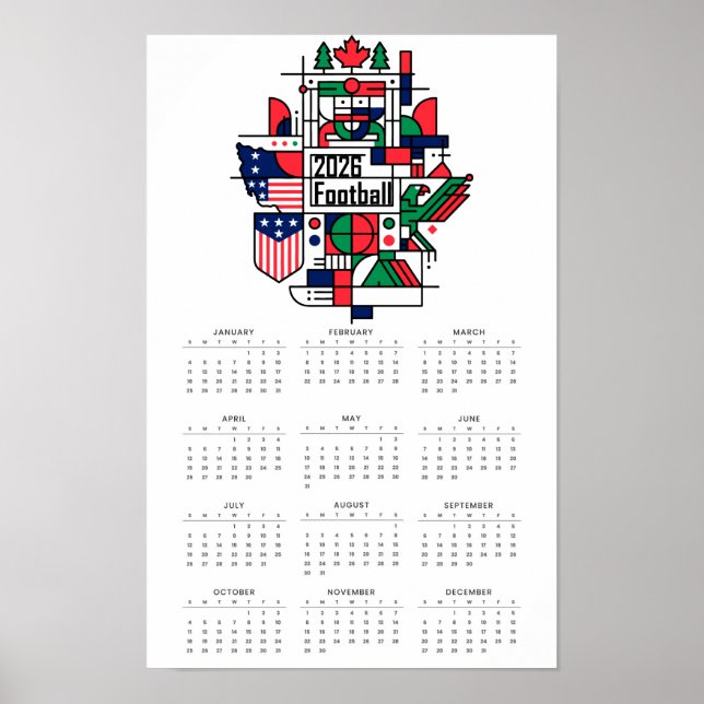 Póster Calendario de Fútbol 2026 EE. UU., Canadá, México (Frente)