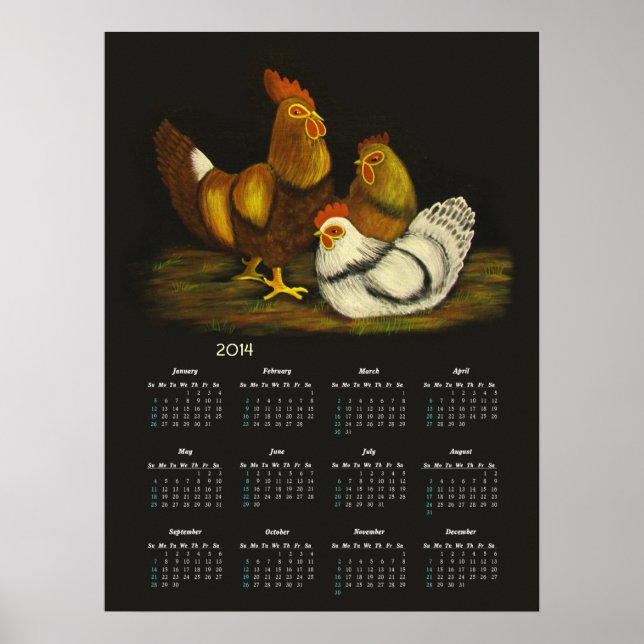 Póster Calendario de gallos y gallinas ~ imprimir (Frente)