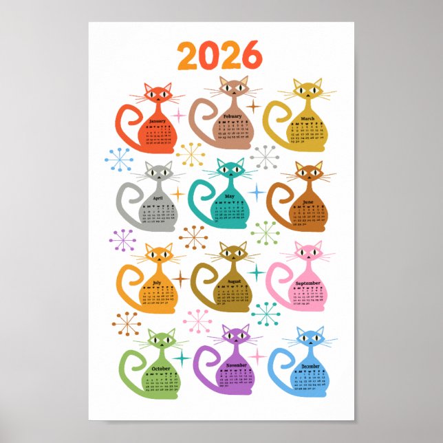 Póster Calendario de Gatos Atómicos Coloridos de Mitad de (Frente)