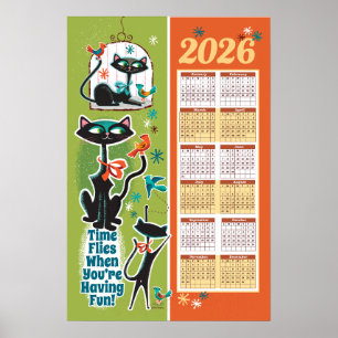 Póster Calendario de Gatos de Cocina Poster de Estilo Mod