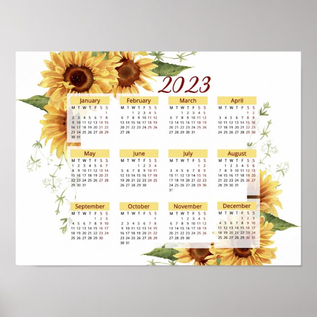 Póster Calendario de girasoles, Calendario de 2023, anual (Frente)