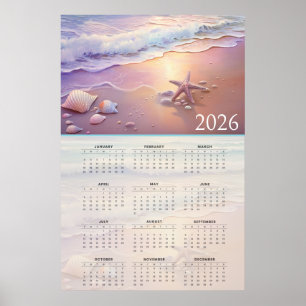 Póster Calendario de la costa pastel 2026 con conchas mar