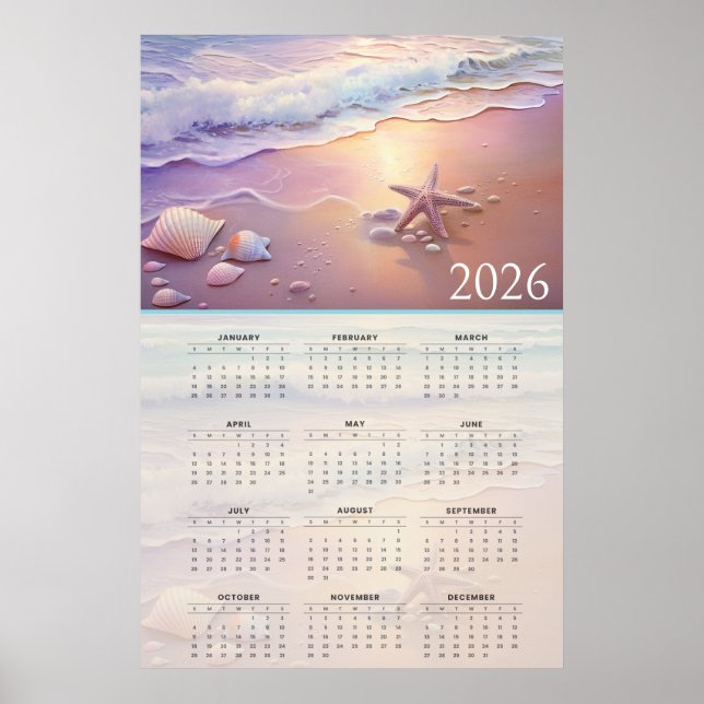 Póster Calendario de la costa pastel 2026 con conchas mar (Frente)