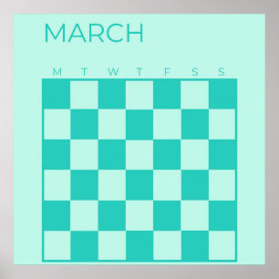 Póster Calendario de marzo azul turquesa sin fecha