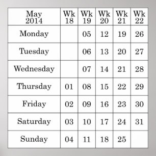Póster Calendario de mayo de 2014 semanas numeradas