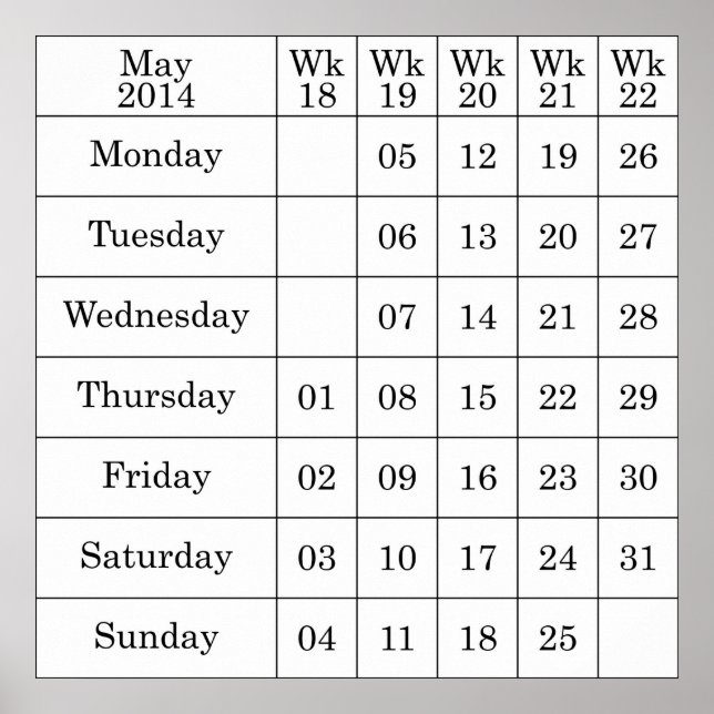 Póster Calendario de mayo de 2014 semanas numeradas (Frente)