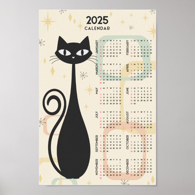 Póster Calendario de Mediados del Siglo 2025 del gato neg (Frente)