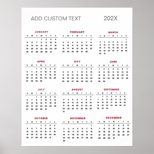 Póster Calendario de moda con texto personalizado 2025    (Frente)