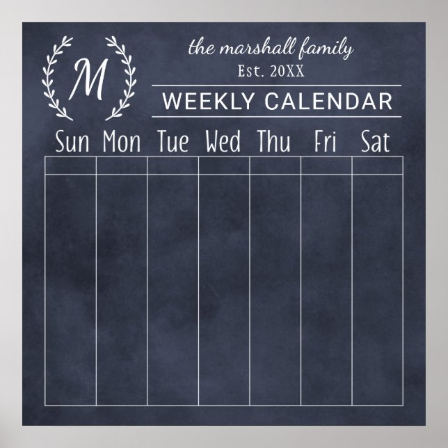 Póster Calendario de monograma de la familia Navy Chalkbo (Frente)